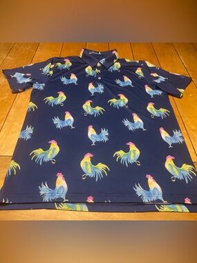 Chubbies Performance Polo Navy Rooster All Over Print Size Large Golf Stretch